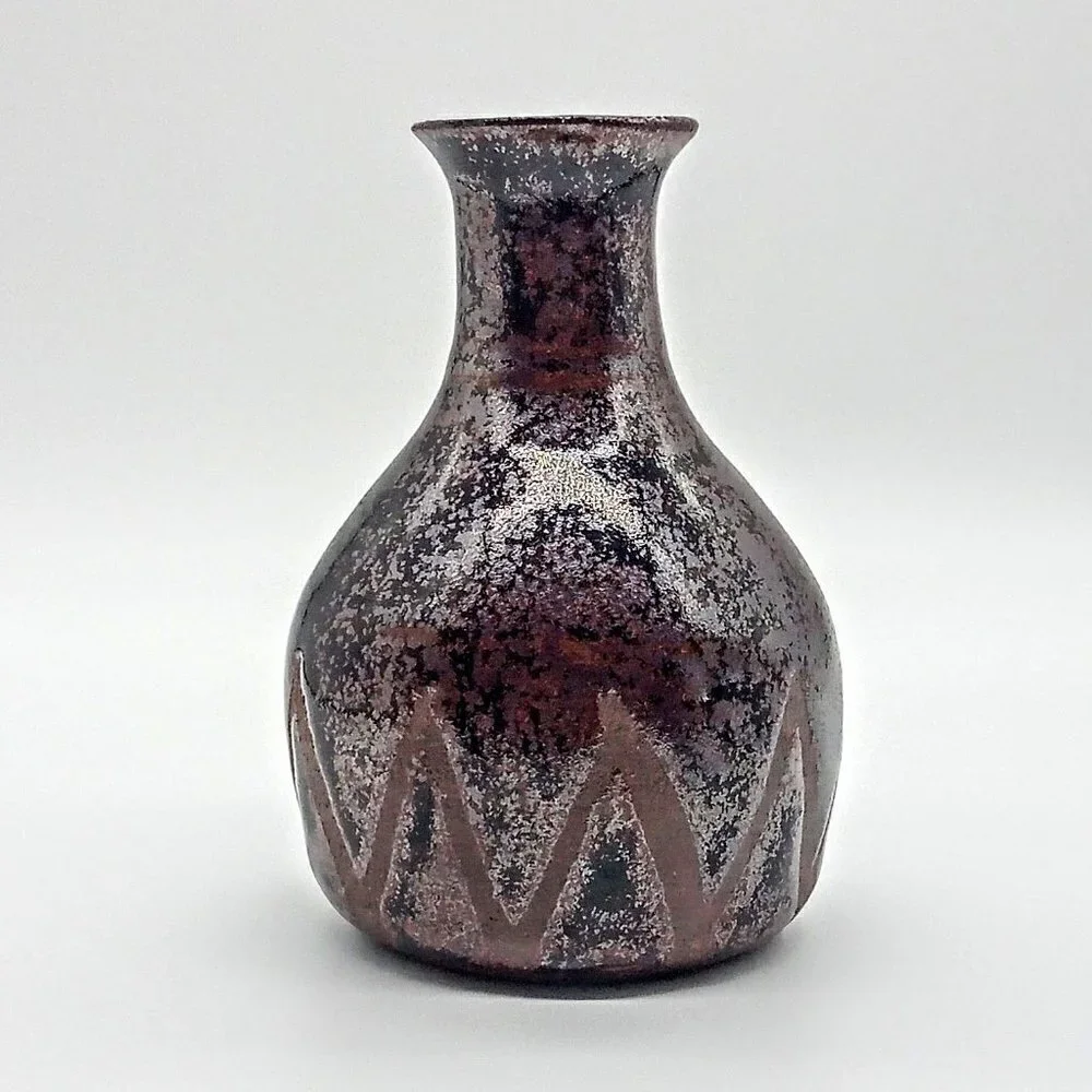 BEA L Black Brown Raku Pottery Vase SIGNED